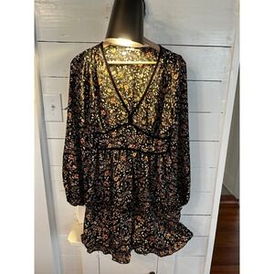 Bailey Blue Womens Black Floral V-Neck Tiered Mini Dress Long Sleeve Size L